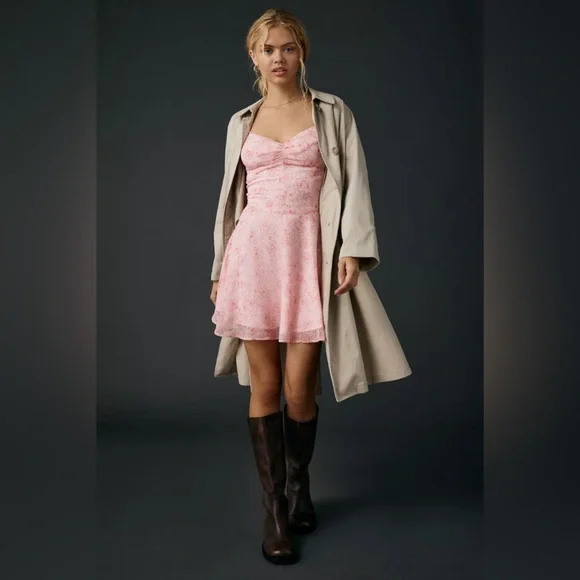 UO Urban Outfitters Over The Horizon Fit-And-Flare Chiffon Mini Dress- Pink Rose - Picture 3 of 4